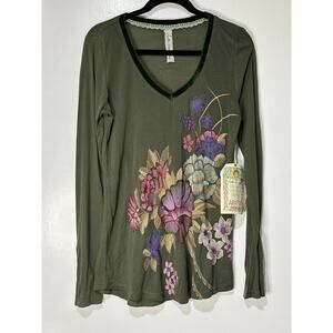 Aratta Green Floral Long Sleeve Top Size Sm/Med NWOT Embroidery Velvet Accents